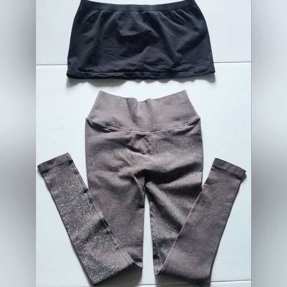 NUX NEW Taupe Sparkle Compression Leggings & Black Beandeau Top Athletic 2pc L